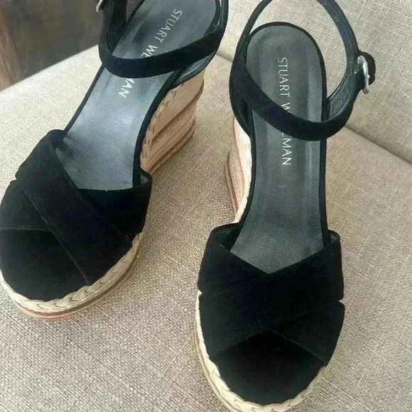 Stewart Weitzman, black and cream suede wedge sandals - Picture 3 of 6